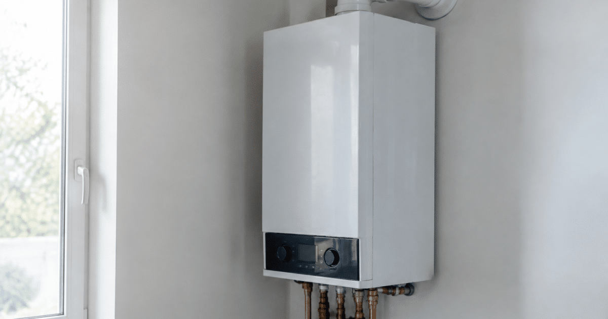 Chaudiere gaz moderne installee au mur blanc