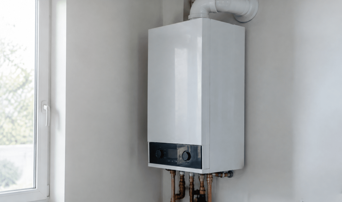 Chaudiere gaz moderne installee au mur blanc