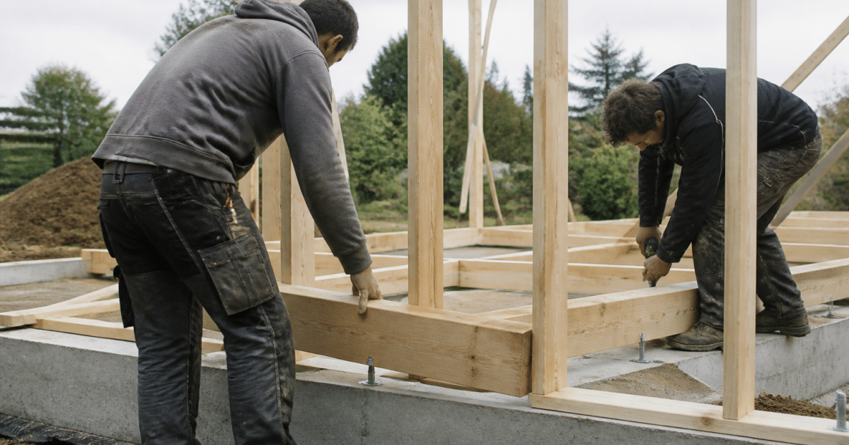 Personnes assemblant structure bois sur fondation béton extérieure