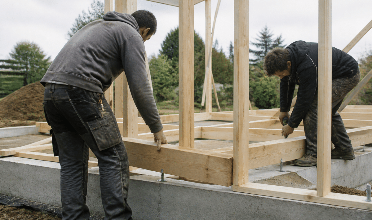 Personnes assemblant structure bois sur fondation béton extérieure