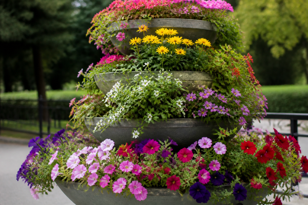 Plantes etagees en niveaux, fleurs colorees variees