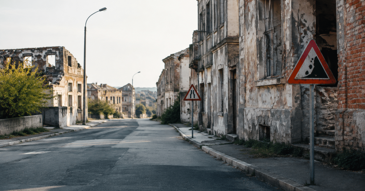 Rues desertes avec batiments delabres et panneaux d'avertissement visibles