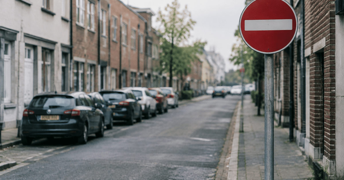 Rue urbaine delimitee par panneau d'avertissement rouge