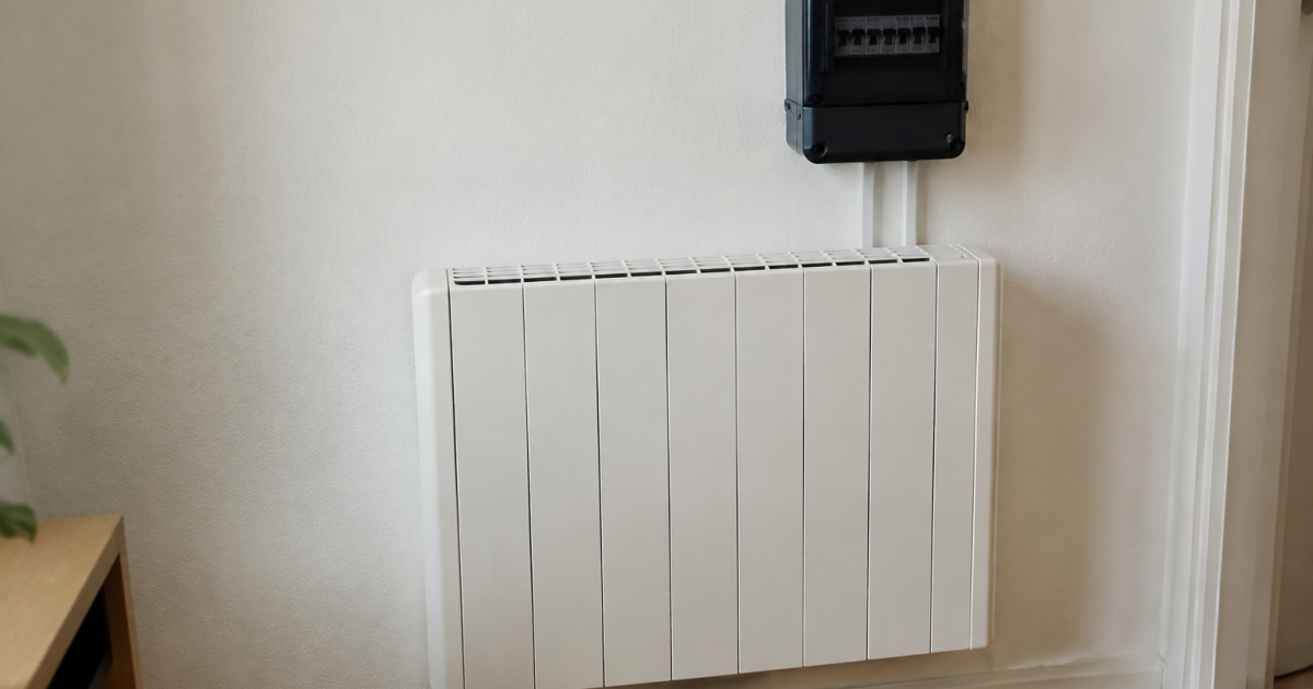 Radiateur electrique blanc mural sous disjoncteur noir