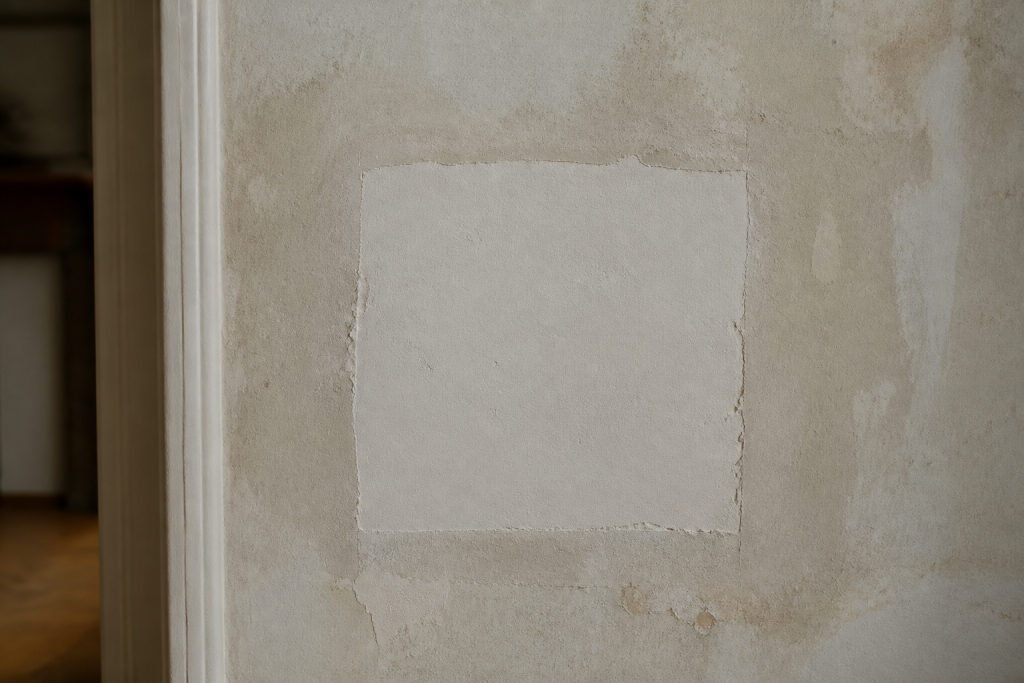 Trou mur rempli piece rapportee carre blanc