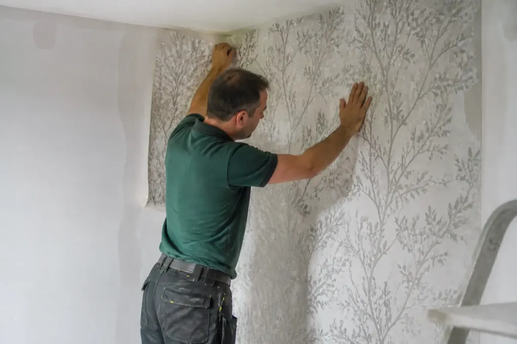 Artisan installe papier peint sur mur blanc