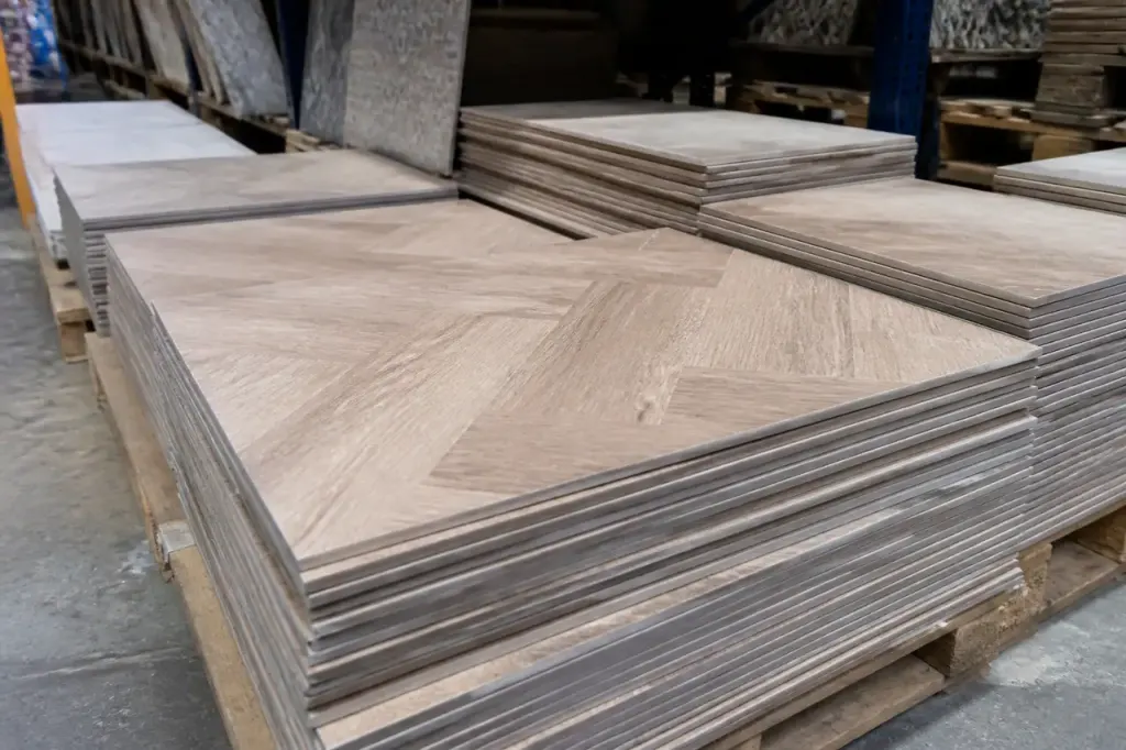 Carreaux imitation parquet empiles dans un rayon bricolage