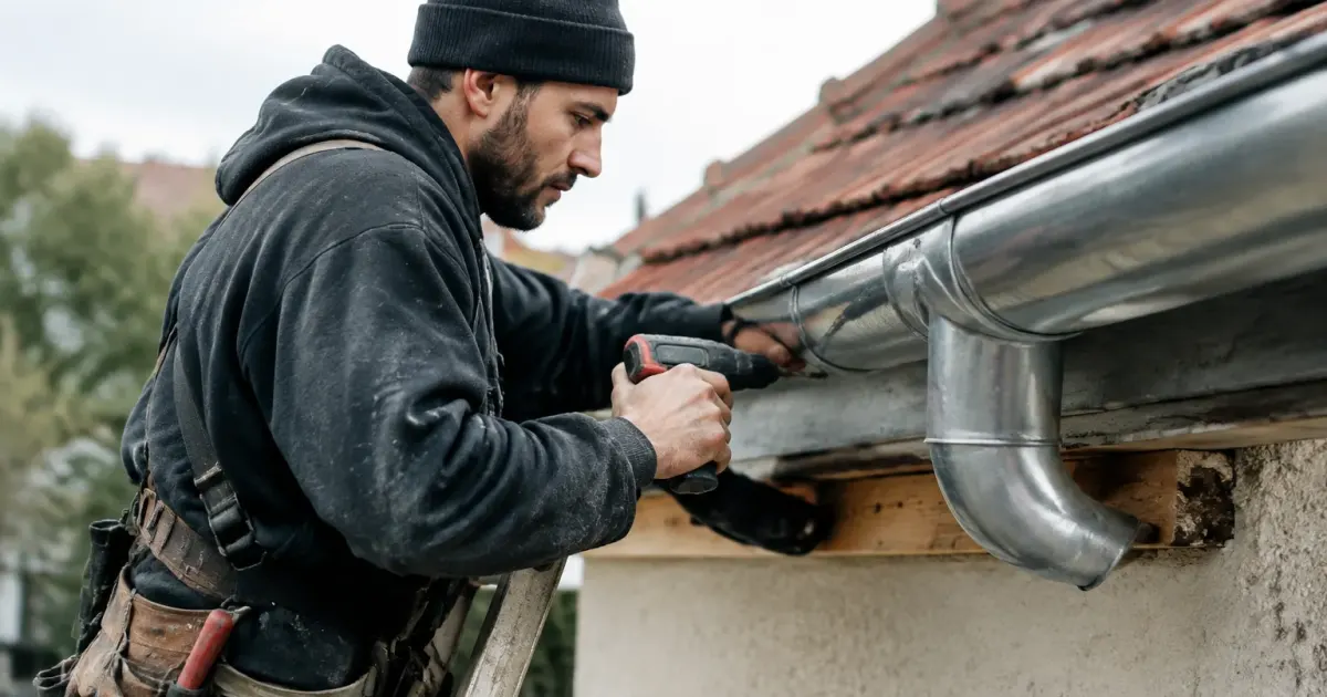 Couvreur sur echelle fixant une gouttiere en zinc