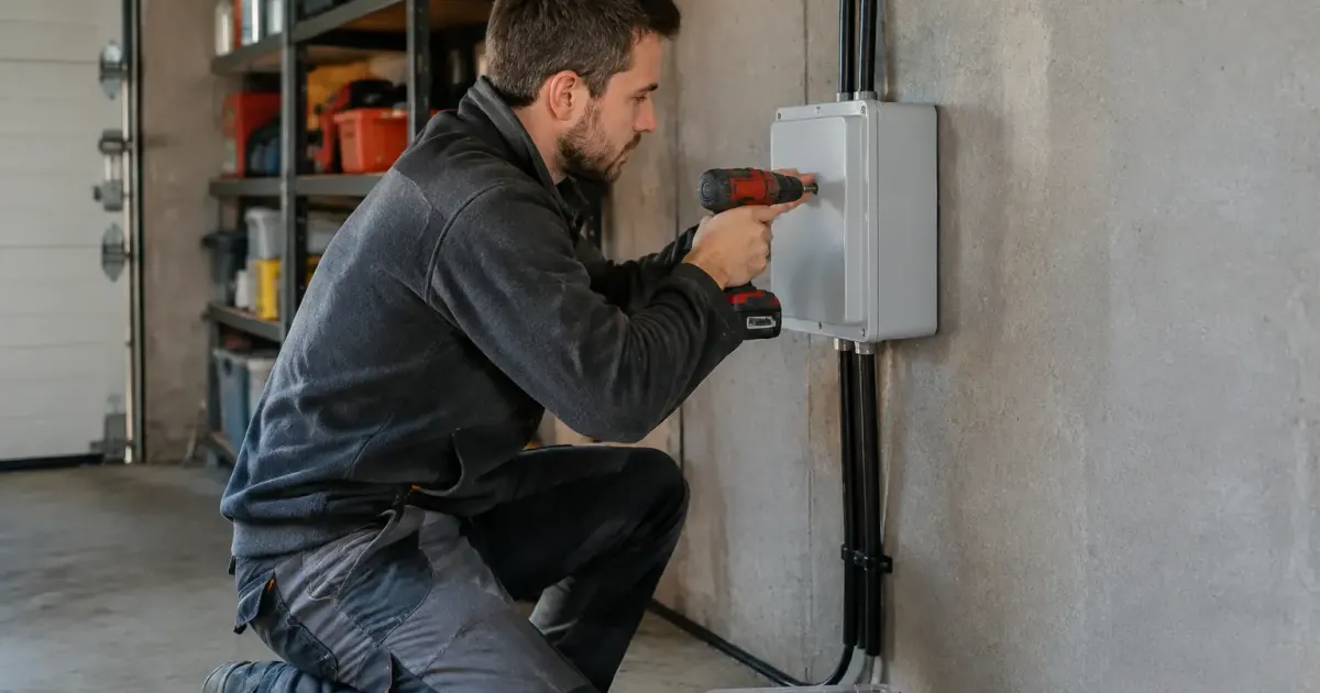 Electricien agenouille vissant un coffret mural gris dans garage