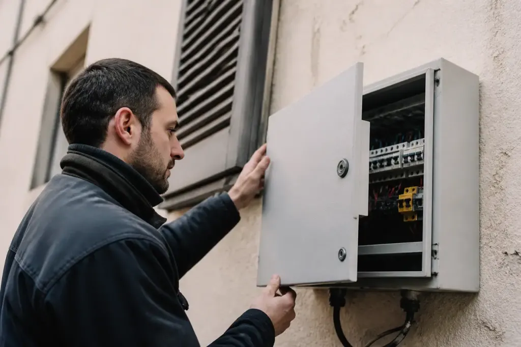 Electricien ouvrant un coffret electrique gris