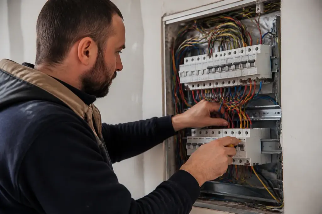 Electricien devant un tableau electrique ouvert avec fils colores