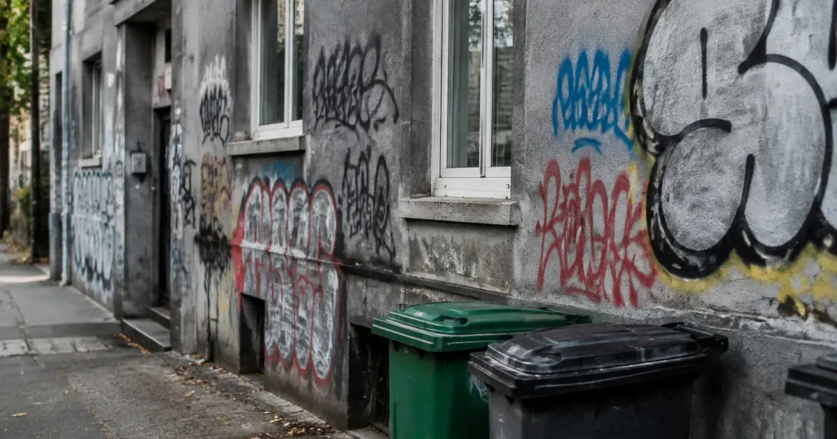 Façade grise couverte de graffitis, poubelles au premier plan