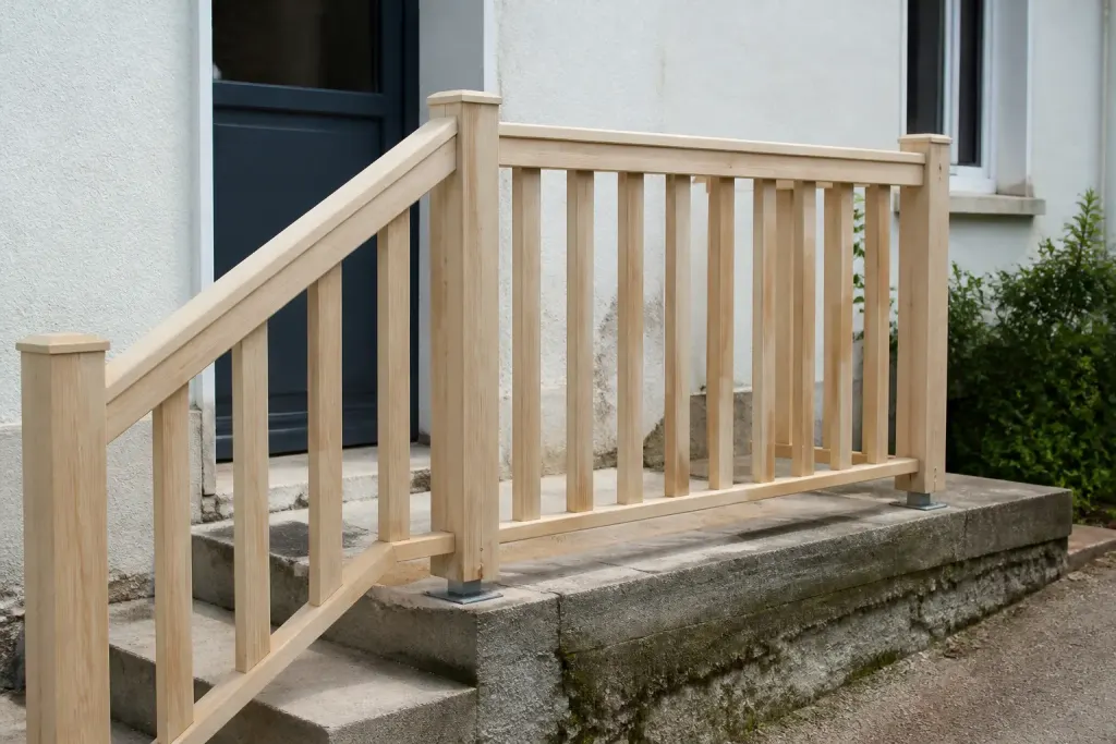 Garde-corps en bois clair devant petit perron
