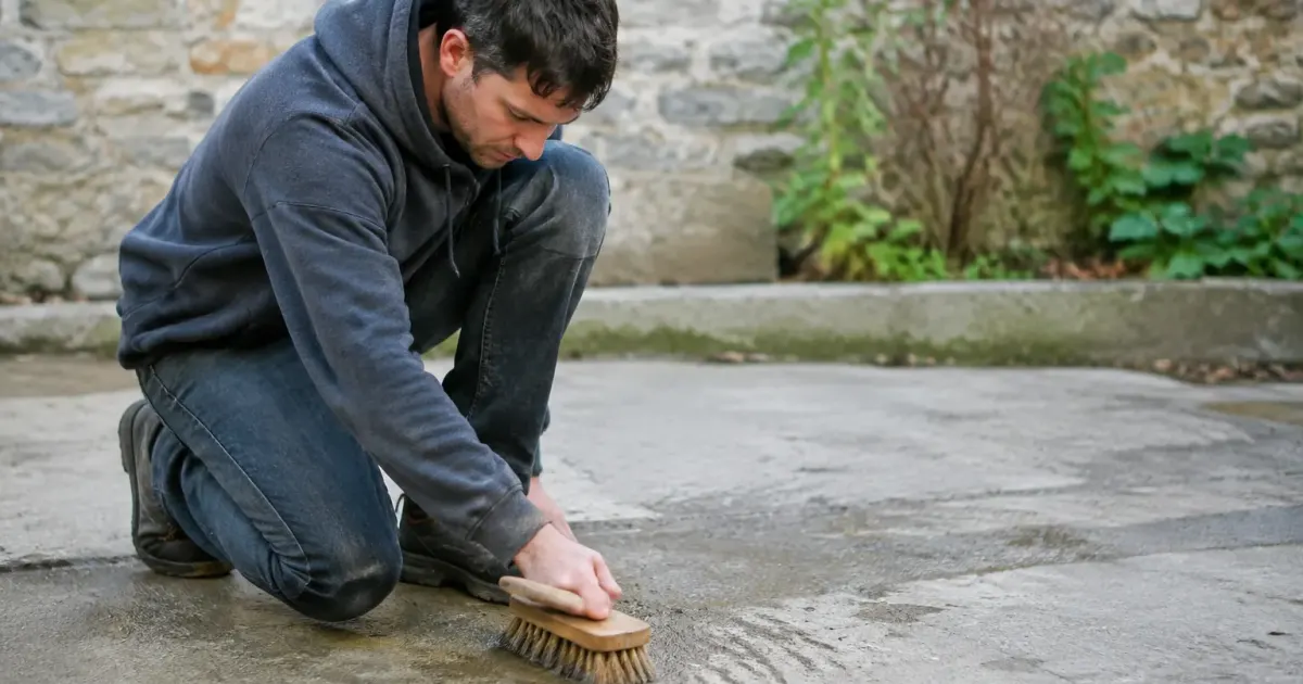 Un homme accroupi brosse la dalle beton