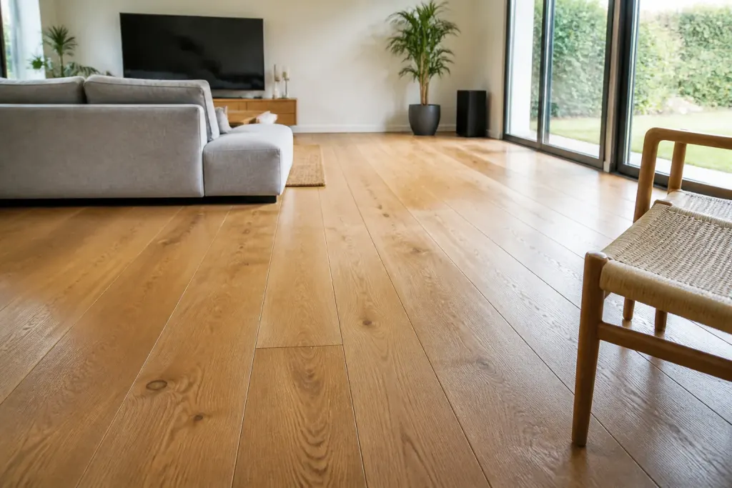 Lames de parquet larges posees dans un salon lumineux