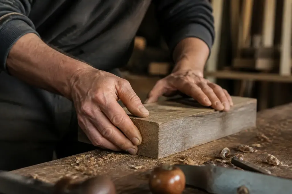 Mains expertes ajustant un bloc de bois brut