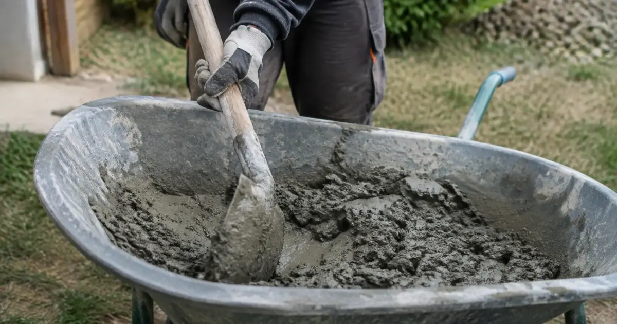 Mains gantees melangeant du mortier gris dans une brouette