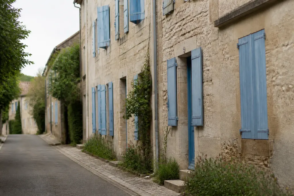Maisons anciennes aux volets bleus dans une rue