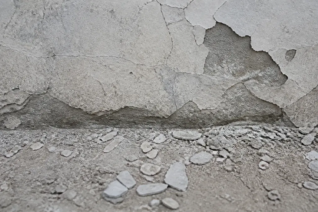 Mur degrade fissures ecailles debris poussiere