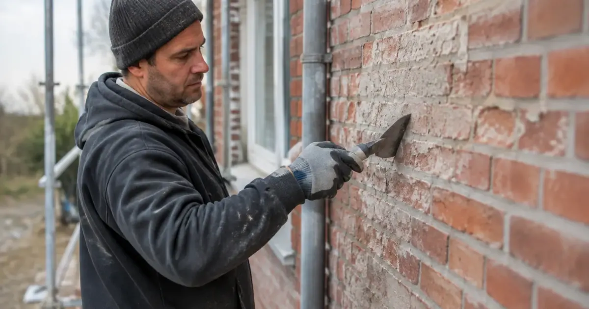 Ouvrier debout grattant une facade en brique avec spatule