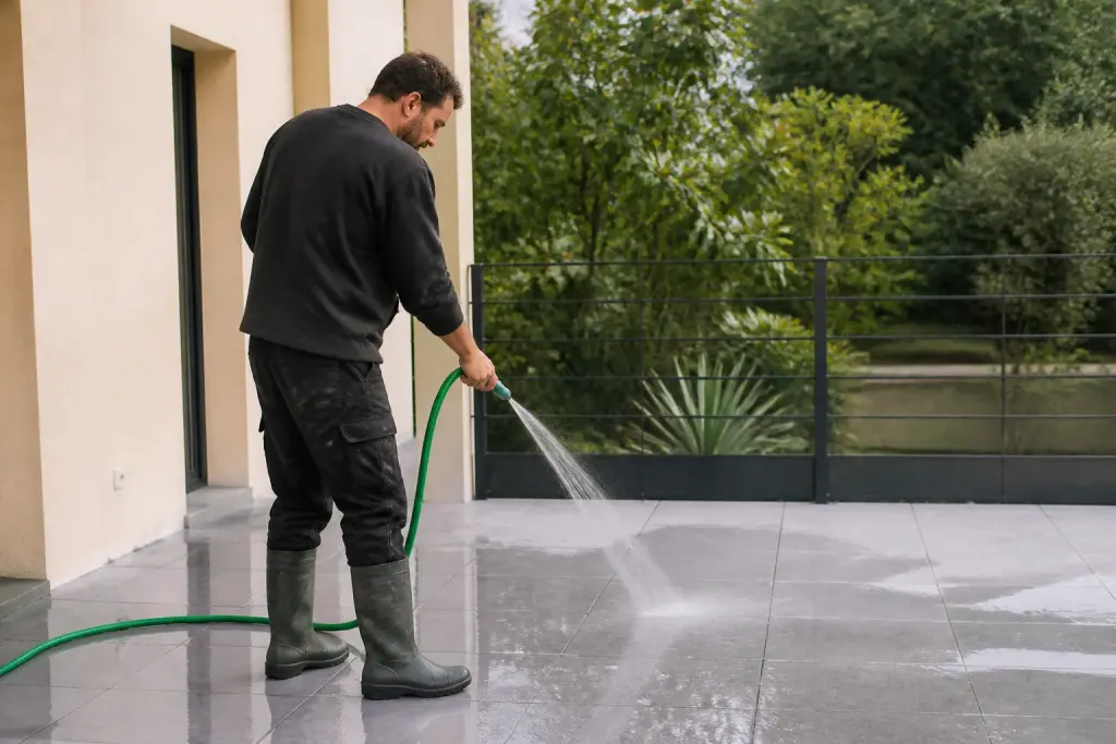 Ouvrier rince terrasse grise avec tuyau vert