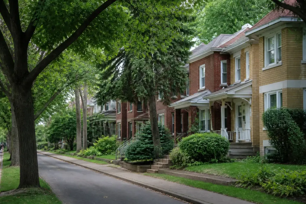 Pavillons residentiels le long d'une rue verte