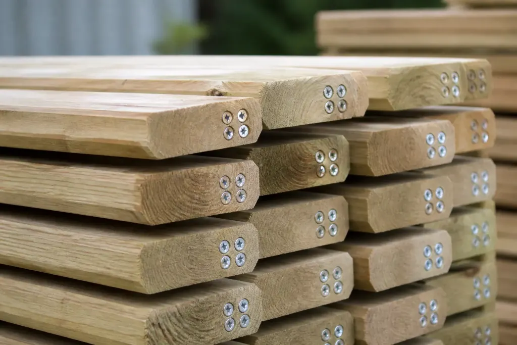 Planches de bois exterieur empilees avec vis inox brillantes