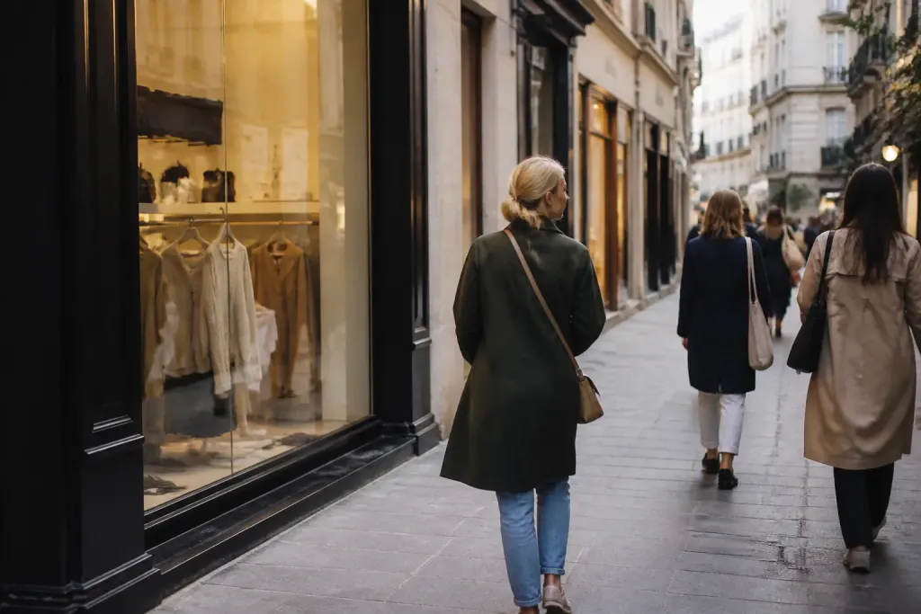 Rue animee avec boutiques, vitrines et passants