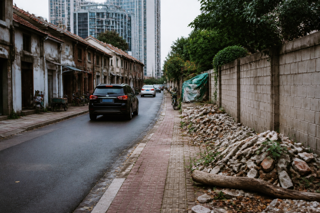 Rue urbaine montrant deux aspects visuellement opposes