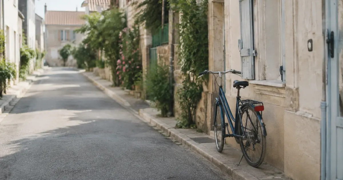 Rue calme bordee de maisons avec un velo pose