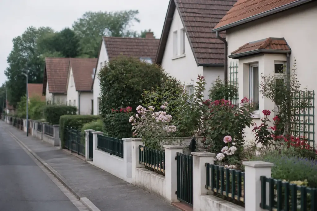 Rue calme bordee de pavillons avec jardins fleuris