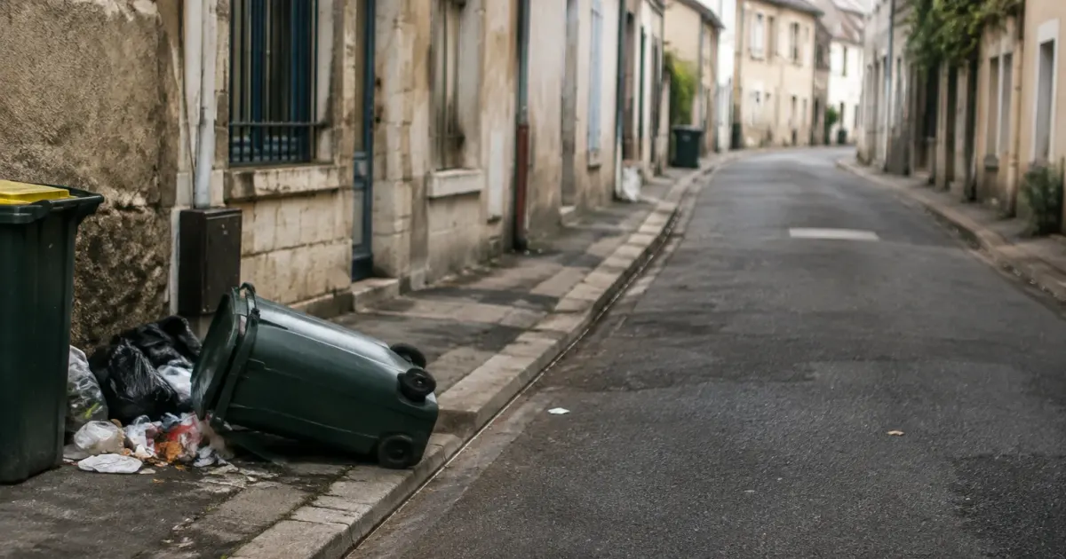 Rue déserte avec poubelles renversées le long du trottoir