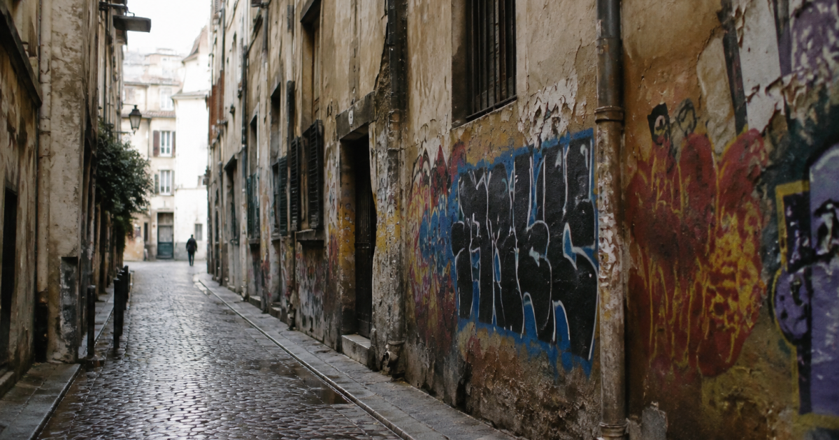 Rue sombre aux facades degradees couvertes tags et graffitis