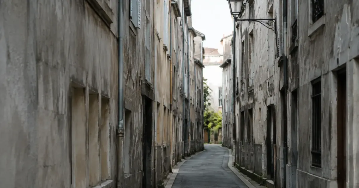 rue etroite immeuble gris facade degradee lampadaire