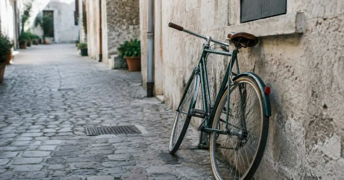 Rue pavee avec velo appuye contre un mur