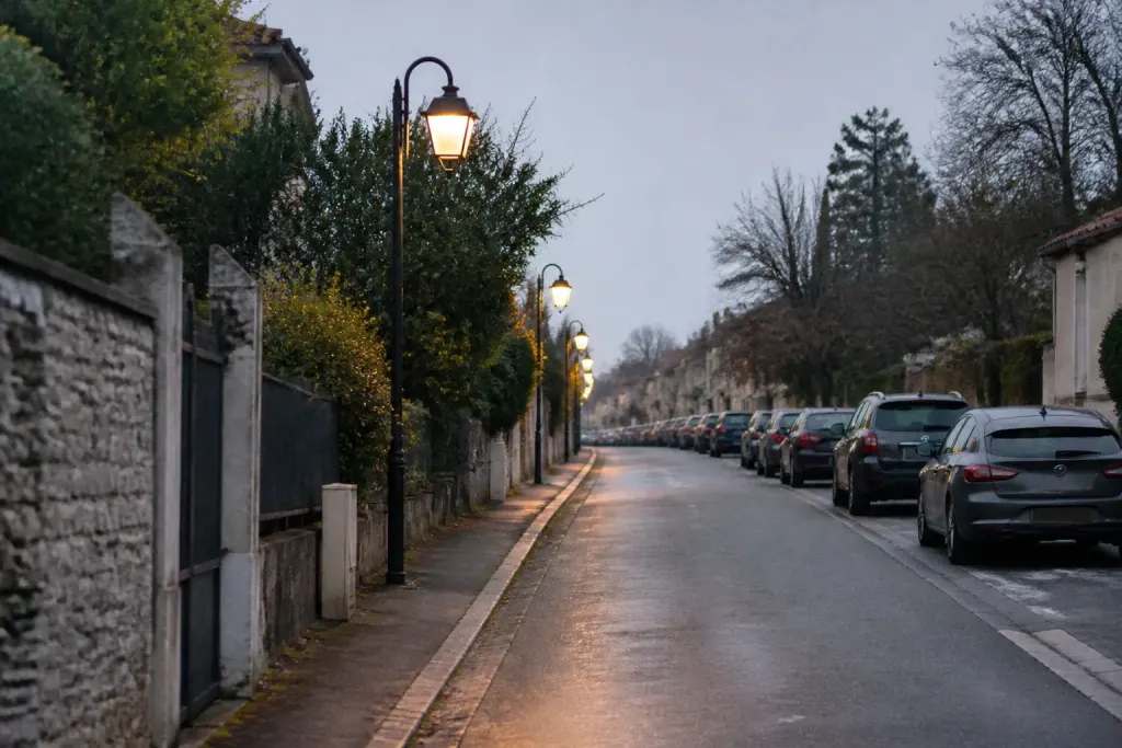 Rue residentielle calme avec lampadaires allumes et voitures garees