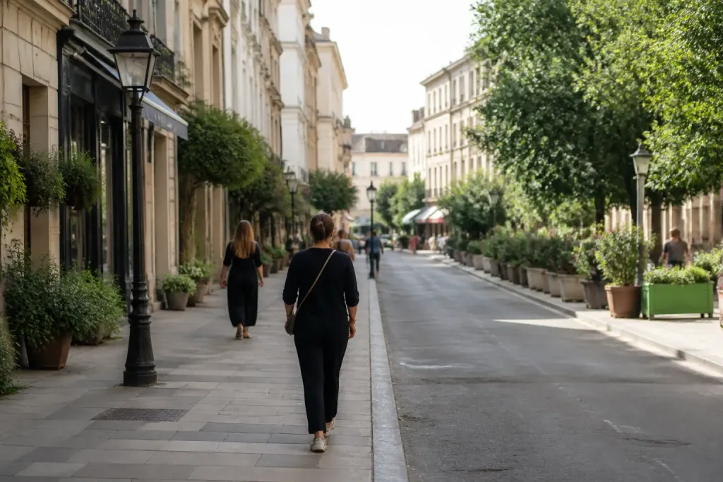 Rue residentielle animee avec lampadaires, commerces et passants