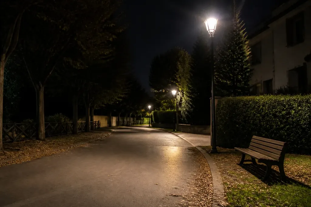 Rue résidentielle la nuit avec lampadaires et bancs vides