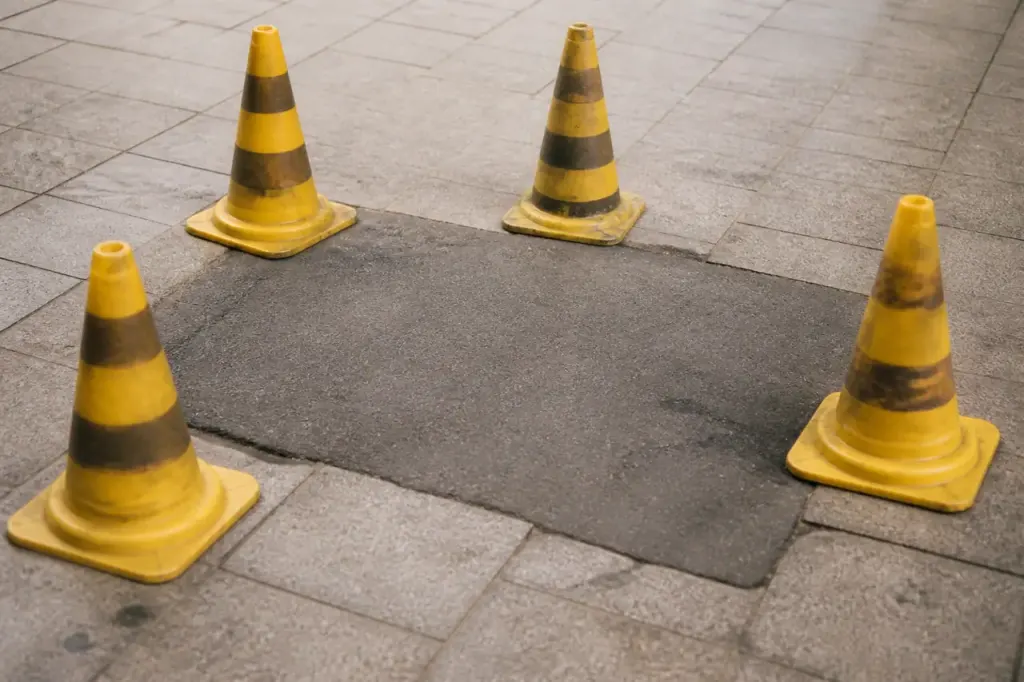Sol neuf protege par cones de signalisation jaunes