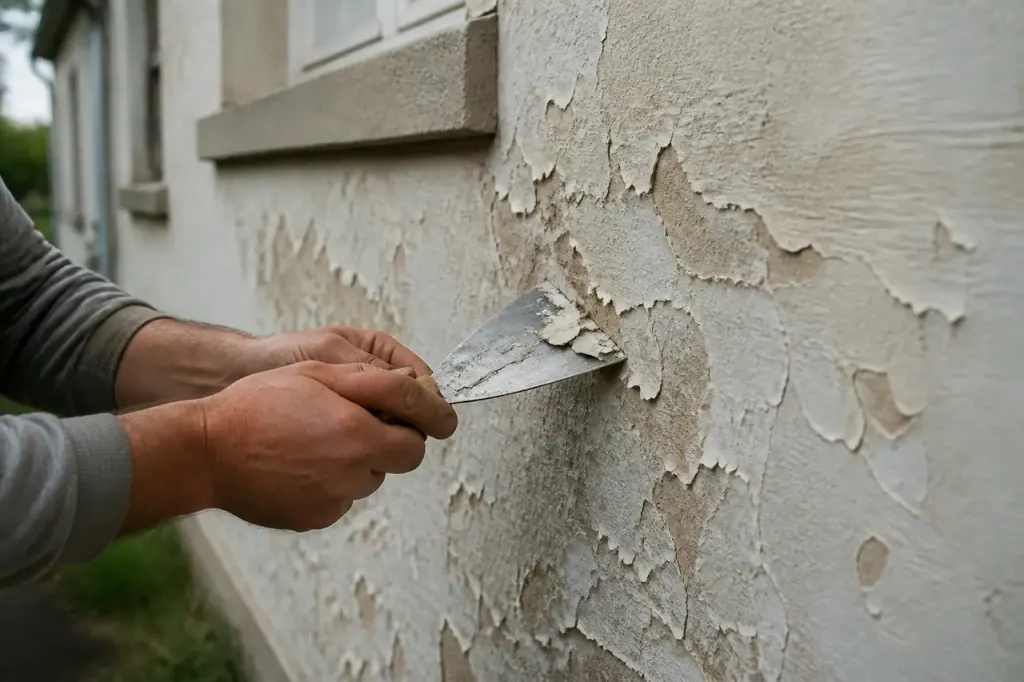 Spatule retirant la peinture ramollie sur un mur exterieur