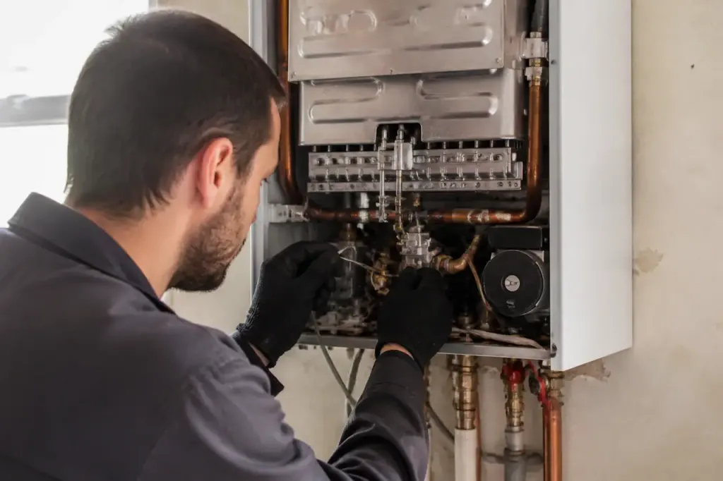 Technicien en gants verifiant un thermocouple sur chaudiere murale