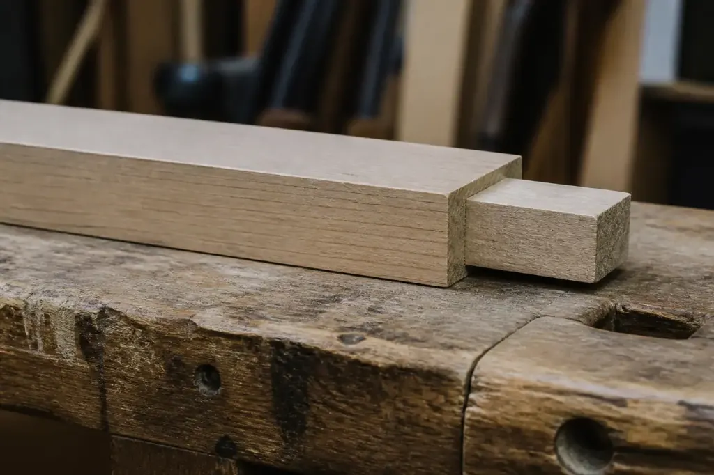 Tenon de bois brut sur un etabli en atelier